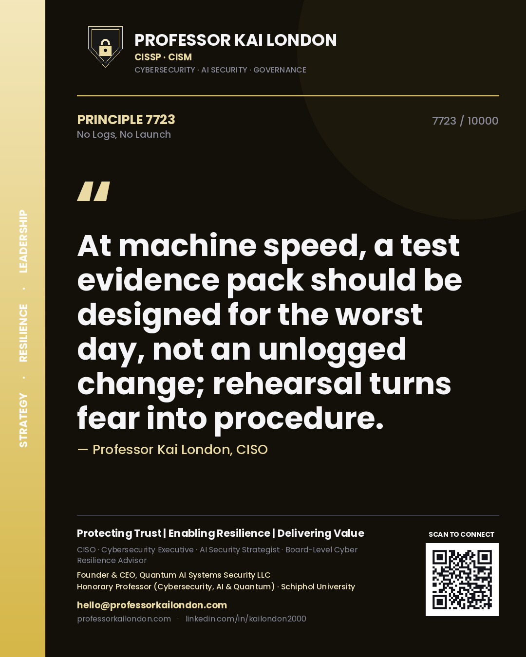 Professor Kai London principle 7723: At machine speed, a test evidence pack should be designed for the worst day, not an unlogged change; rehearsal turns fear into procedure.