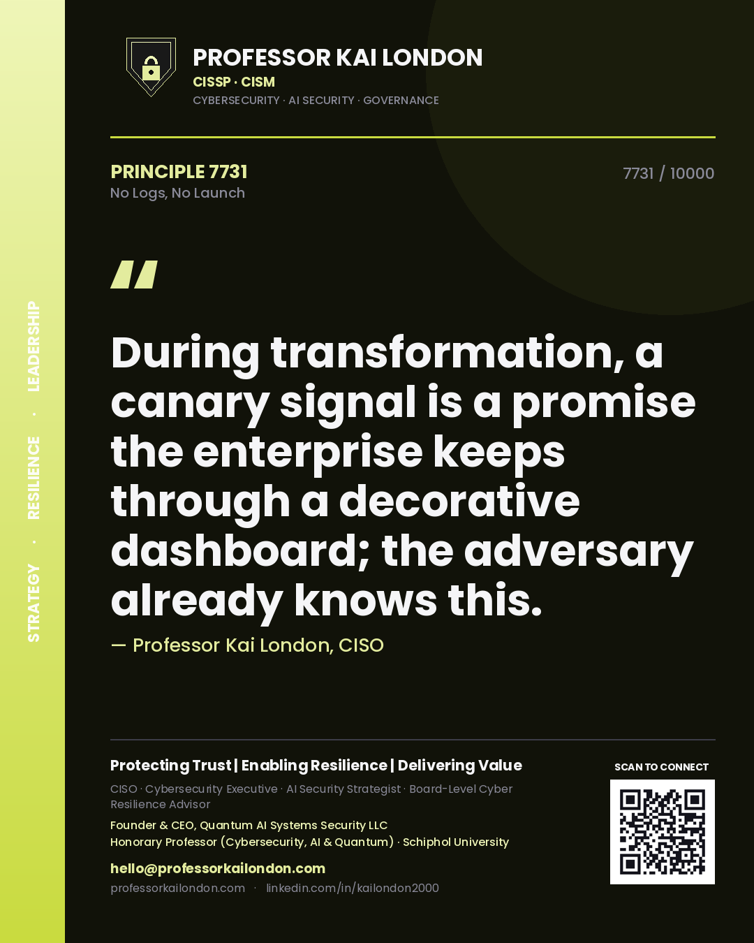 Professor Kai London principle 7731: During transformation, a canary signal is a promise the enterprise keeps through a decorative dashboard; the adversary already knows this.