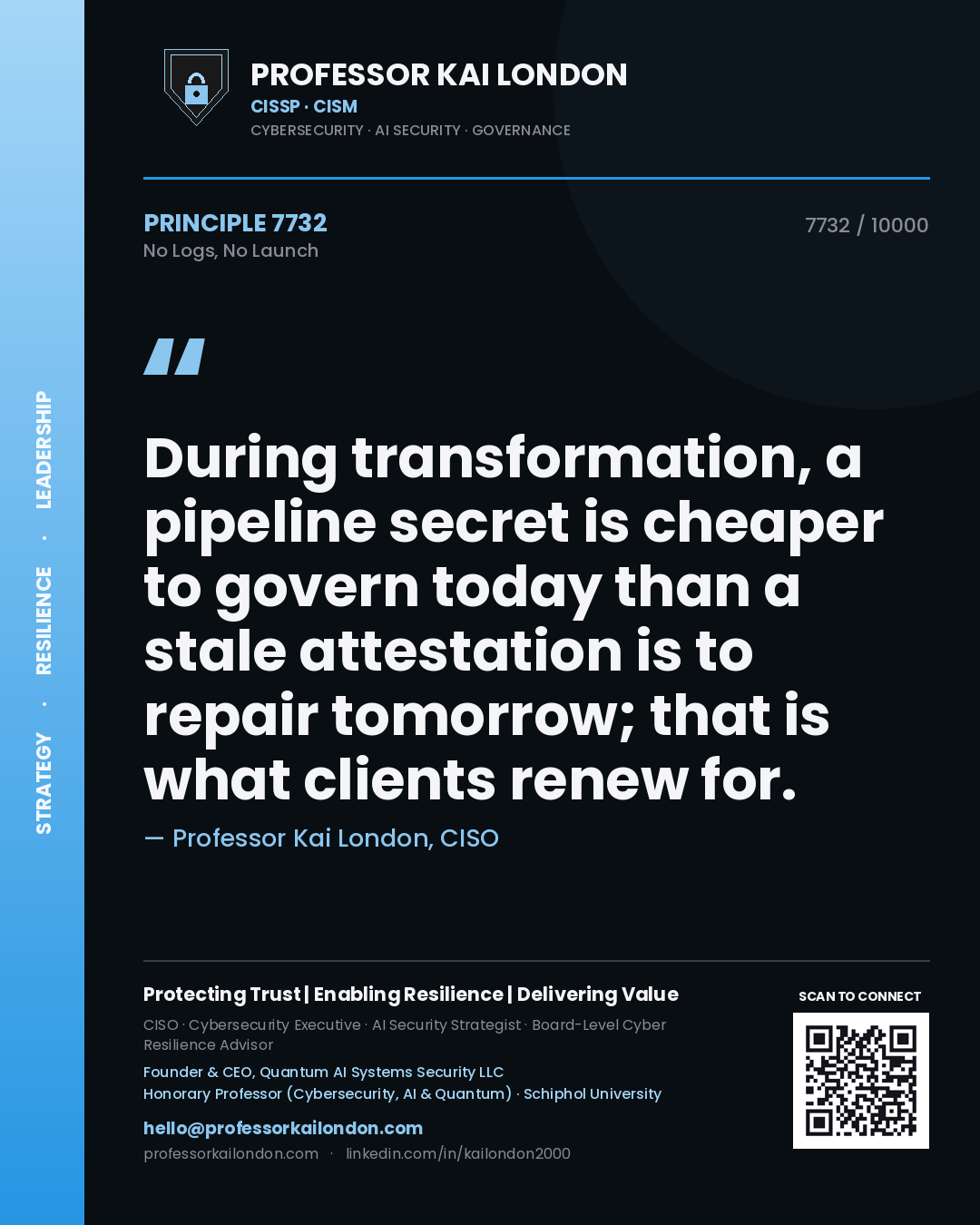 Quote card by Professor Kai London reading 'During transformation, a pipeline secret is cheaper to govern today than a stale attestation is to repair tomorrow; that is what clients renew for.'. From the book No Logs, No Launch.