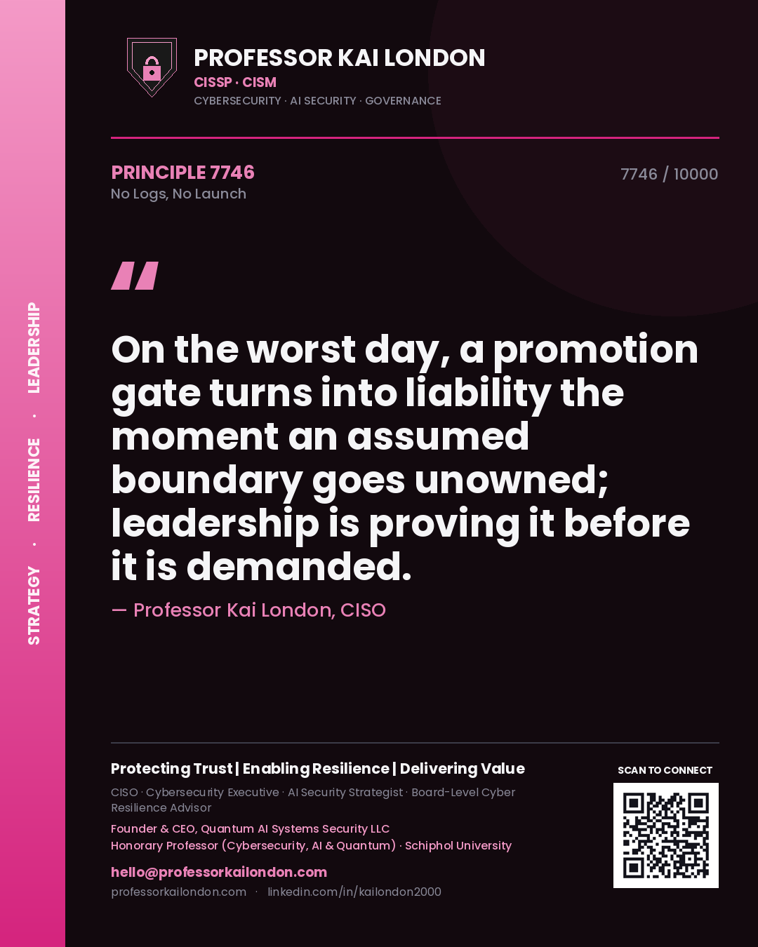 Quote card by Professor Kai London reading 'On the worst day, a promotion gate turns into liability the moment an assumed boundary goes unowned; leadership is proving it before it is demanded.'. From the book No Logs, No Launch.