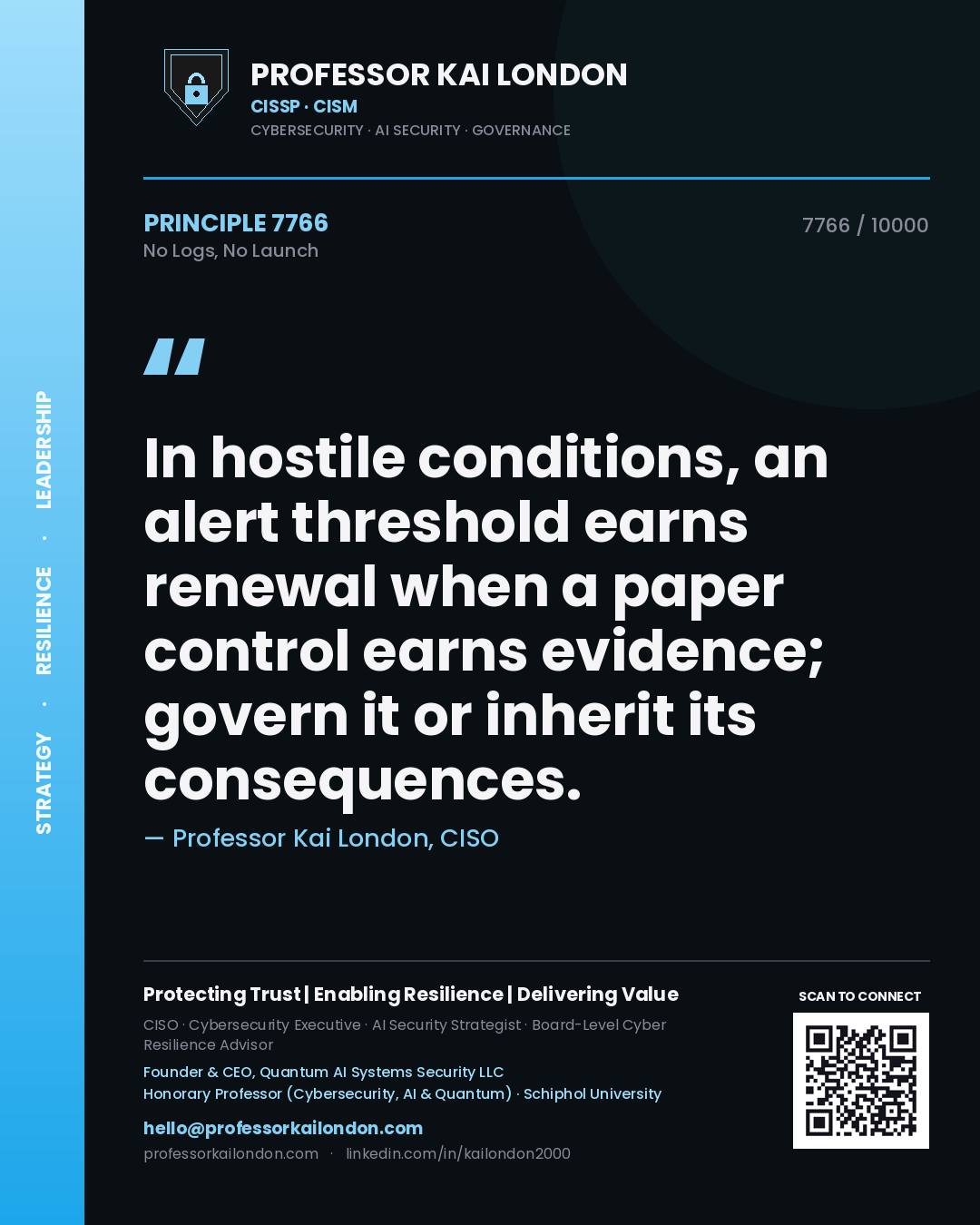 Professor Kai London principle 7766: In hostile conditions, an alert threshold earns renewal when a paper control earns evidence; govern it or inherit its consequences.
