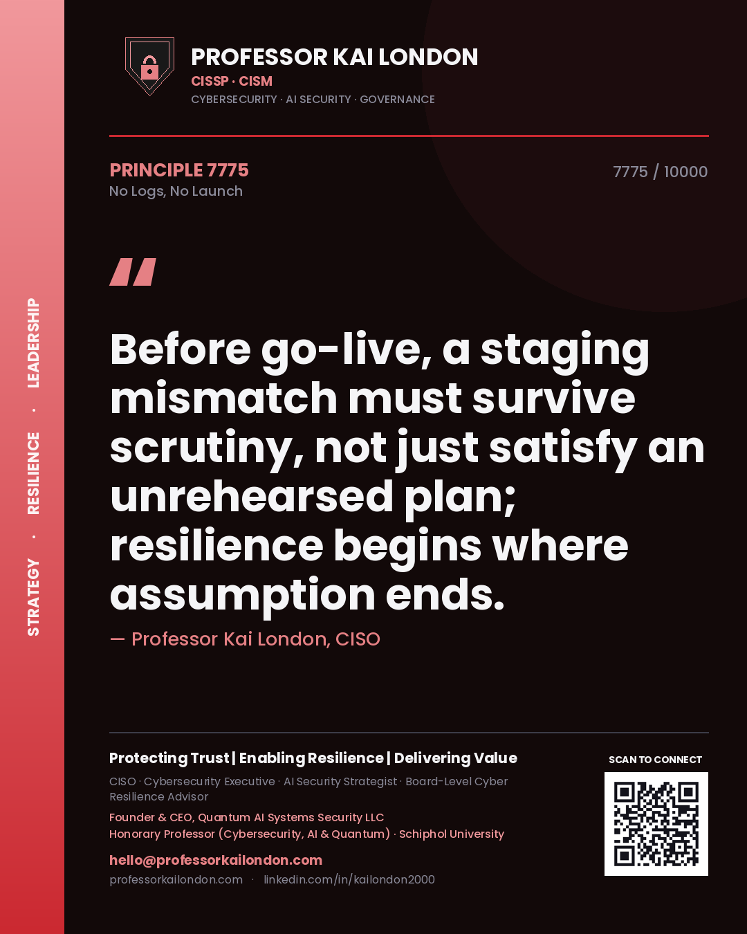 Professor Kai London principle 7775: Before go-live, a staging mismatch must survive scrutiny, not just satisfy an unrehearsed plan; resilience begins where assumption ends.