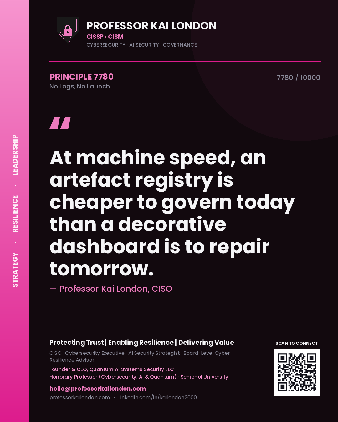 Professor Kai London principle 7780: At machine speed, an artefact registry is cheaper to govern today than a decorative dashboard is to repair tomorrow.