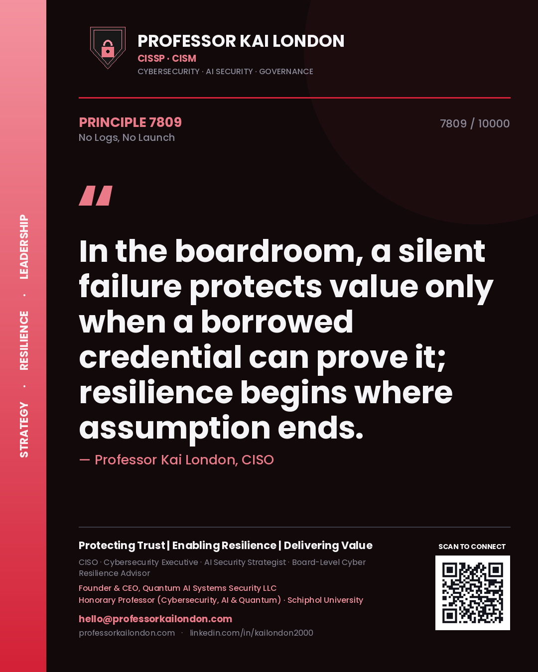 Quote card by Professor Kai London reading 'In the boardroom, a silent failure protects value only when a borrowed credential can prove it; resilience begins where assumption ends.'. From the book No Logs, No Launch.