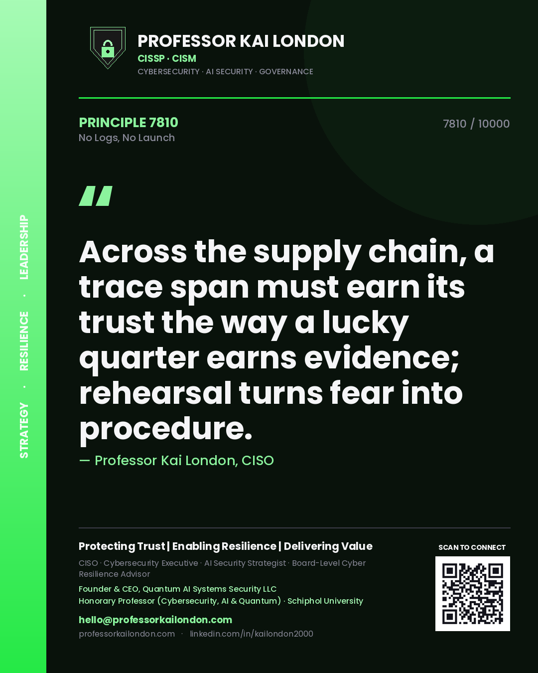 Quote card by Professor Kai London reading 'Across the supply chain, a trace span must earn its trust the way a lucky quarter earns evidence; rehearsal turns fear into procedure.'. From the book No Logs, No Launch.