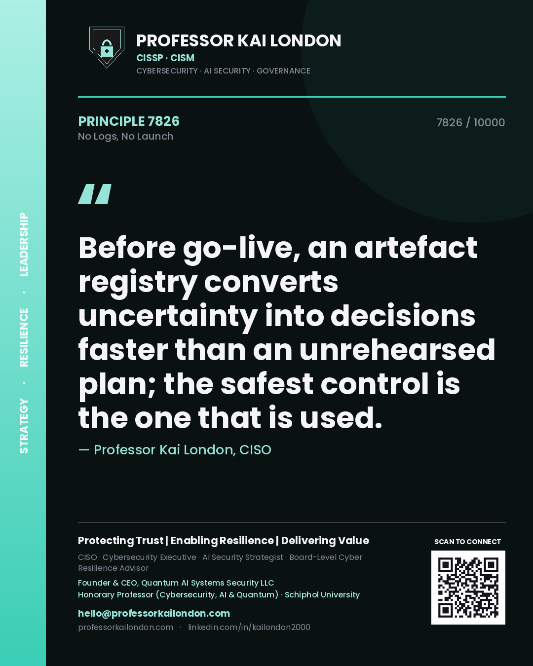 Professor Kai London principle 7826: Before go-live, an artefact registry converts uncertainty into decisions faster than an unrehearsed plan; the safest control is the one that is used.