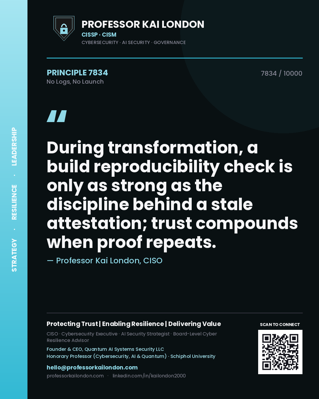 Professor Kai London principle 7834: During transformation, a build reproducibility check is only as strong as the discipline behind a stale attestation; trust compounds when proof repeats.
