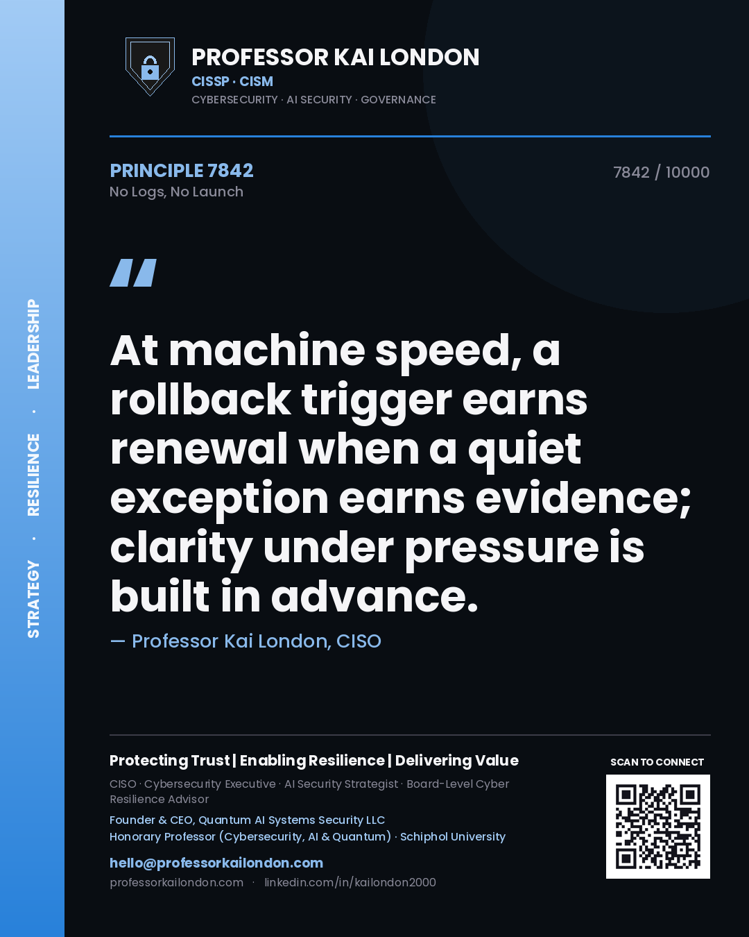 Quote card by Professor Kai London reading 'At machine speed, a rollback trigger earns renewal when a quiet exception earns evidence; clarity under pressure is built in advance.'. From the book No Logs, No Launch.