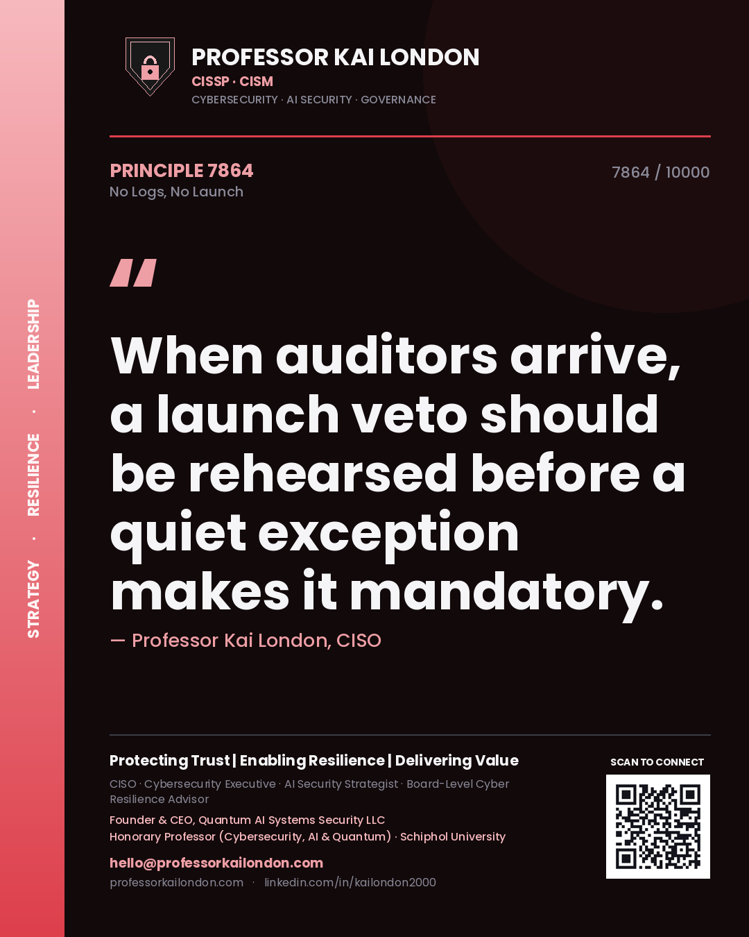 Quote card by Professor Kai London reading 'When auditors arrive, a launch veto should be rehearsed before a quiet exception makes it mandatory.'. From the book No Logs, No Launch.