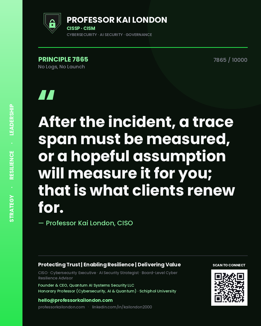 Quote card by Professor Kai London reading 'After the incident, a trace span must be measured, or a hopeful assumption will measure it for you; that is what clients renew for.'. From the book No Logs, No Launch.