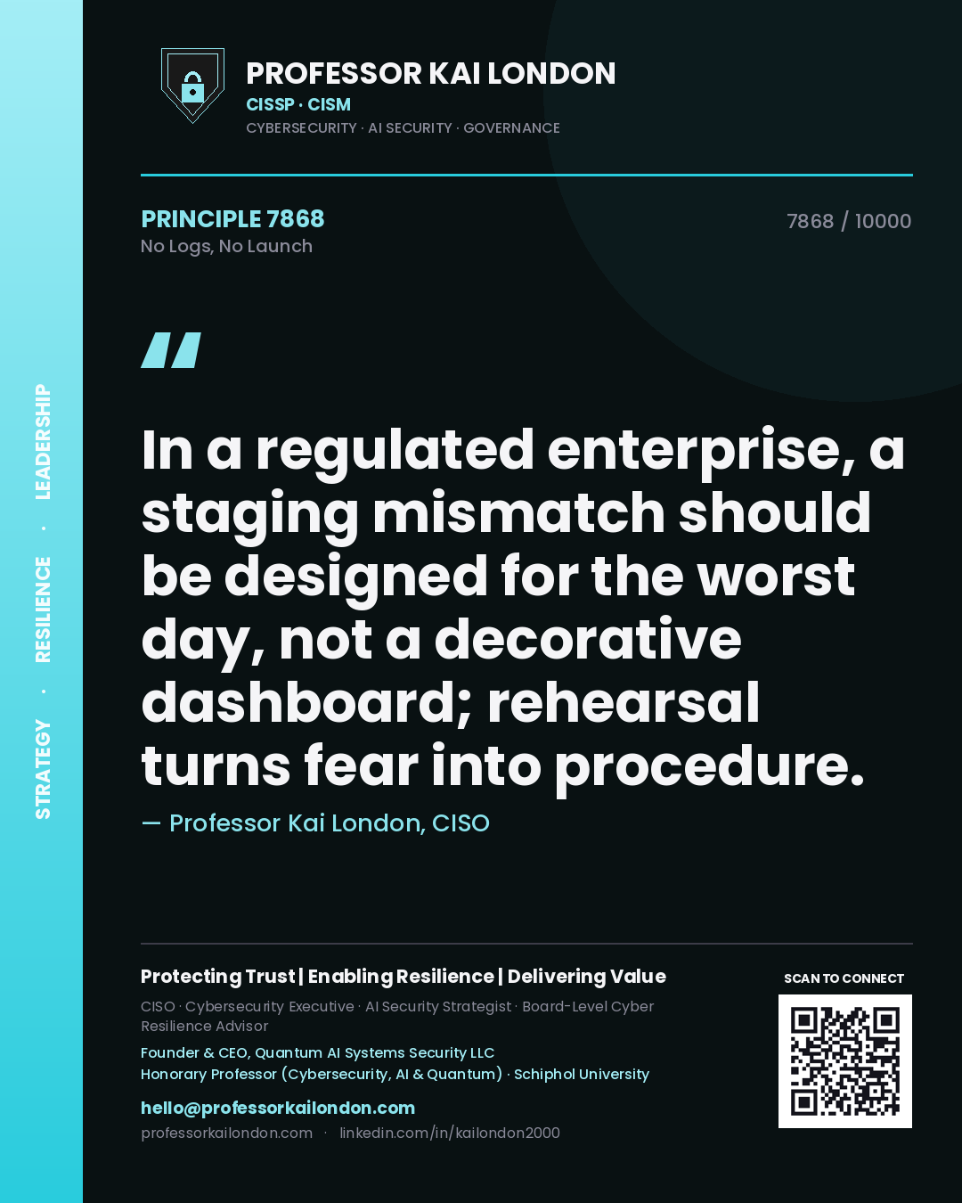 Professor Kai London principle 7868: In a regulated enterprise, a staging mismatch should be designed for the worst day, not a decorative dashboard; rehearsal turns fear into procedure.