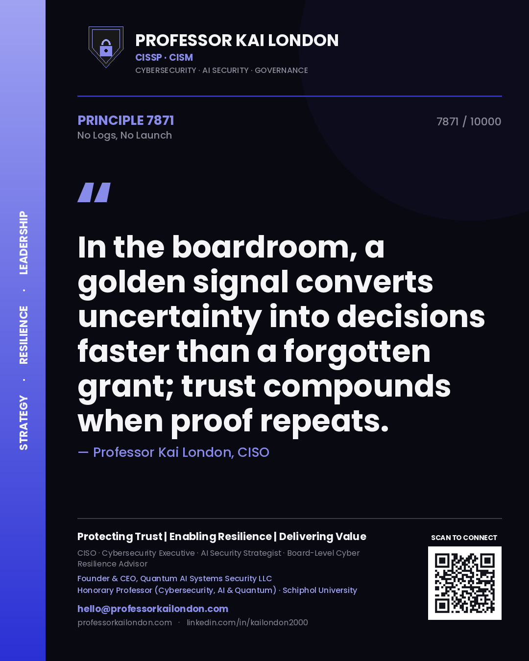 Professor Kai London principle 7871: In the boardroom, a golden signal converts uncertainty into decisions faster than a forgotten grant; trust compounds when proof repeats.