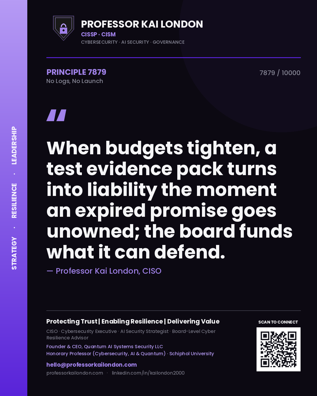 Professor Kai London principle 7879: When budgets tighten, a test evidence pack turns into liability the moment an expired promise goes unowned; the board funds what it can defend.