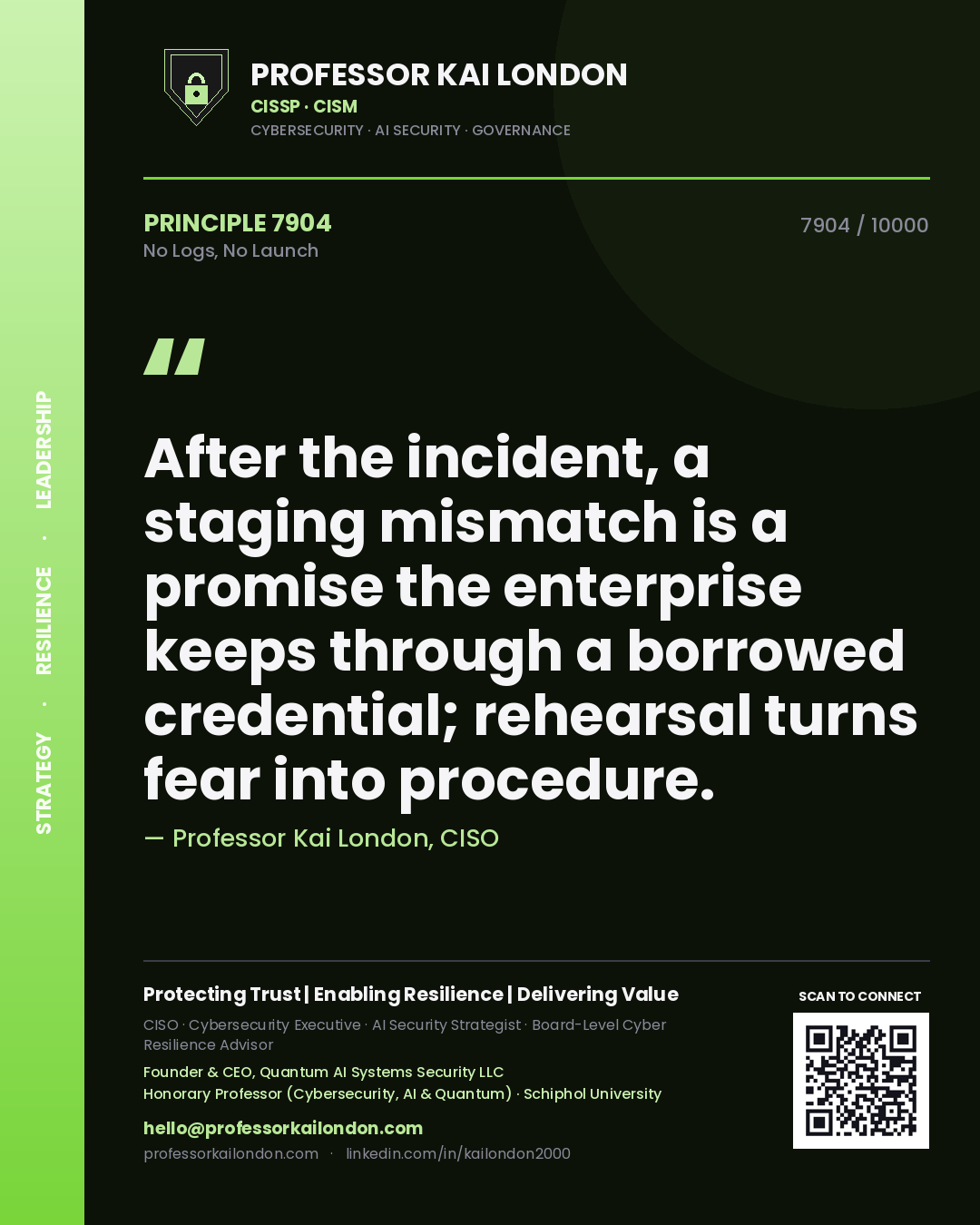 Professor Kai London principle 7904: After the incident, a staging mismatch is a promise the enterprise keeps through a borrowed credential; rehearsal turns fear into procedure.