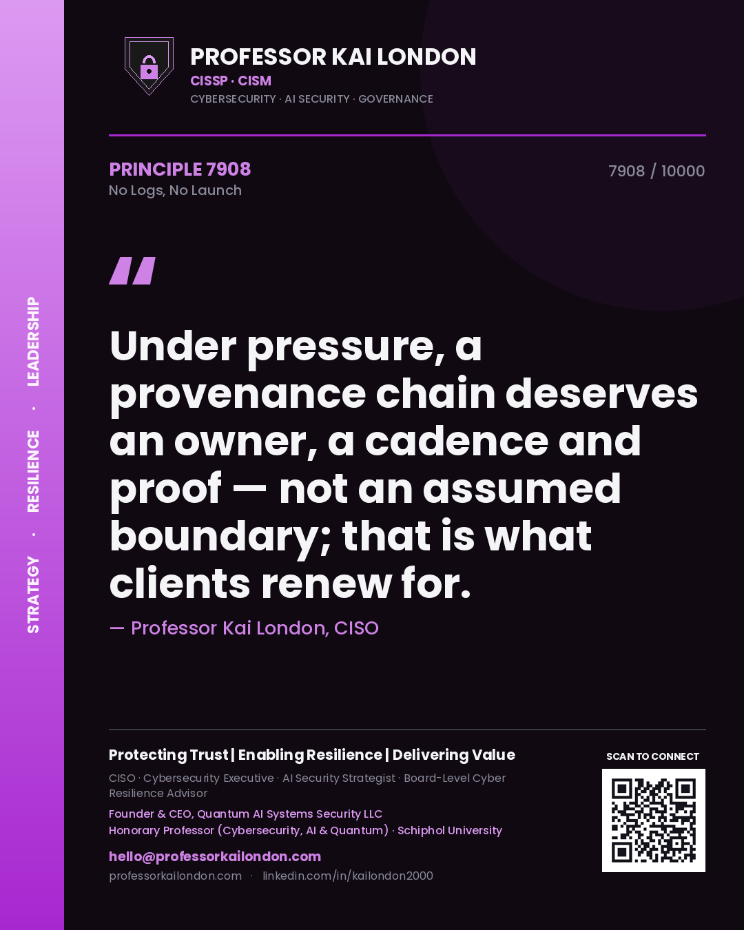 Professor Kai London principle 7908: Under pressure, a provenance chain deserves an owner, a cadence and proof — not an assumed boundary; that is what clients renew for.