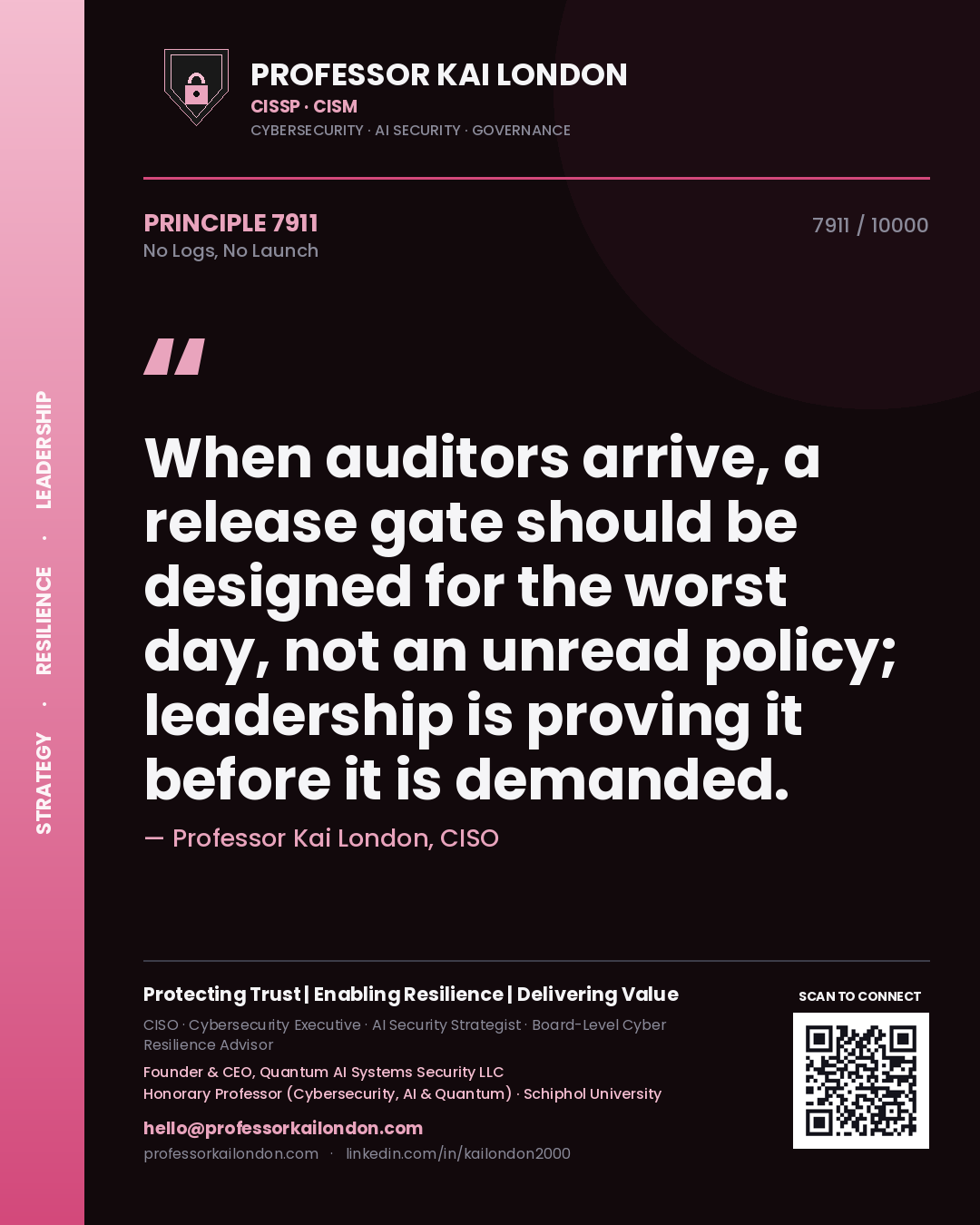 Professor Kai London principle 7911: When auditors arrive, a release gate should be designed for the worst day, not an unread policy; leadership is proving it before it is demanded.