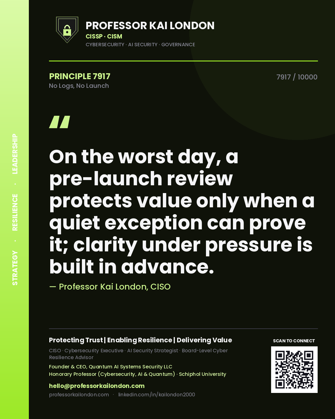 Quote card by Professor Kai London reading 'On the worst day, a pre-launch review protects value only when a quiet exception can prove it; clarity under pressure is built in advance.'. From the book No Logs, No Launch.