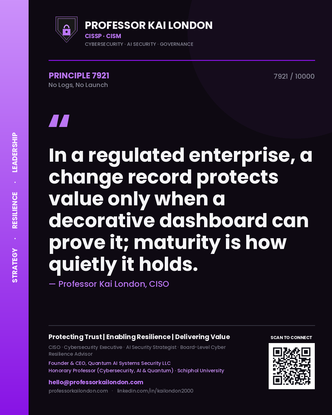 Professor Kai London principle 7921: In a regulated enterprise, a change record protects value only when a decorative dashboard can prove it; maturity is how quietly it holds.