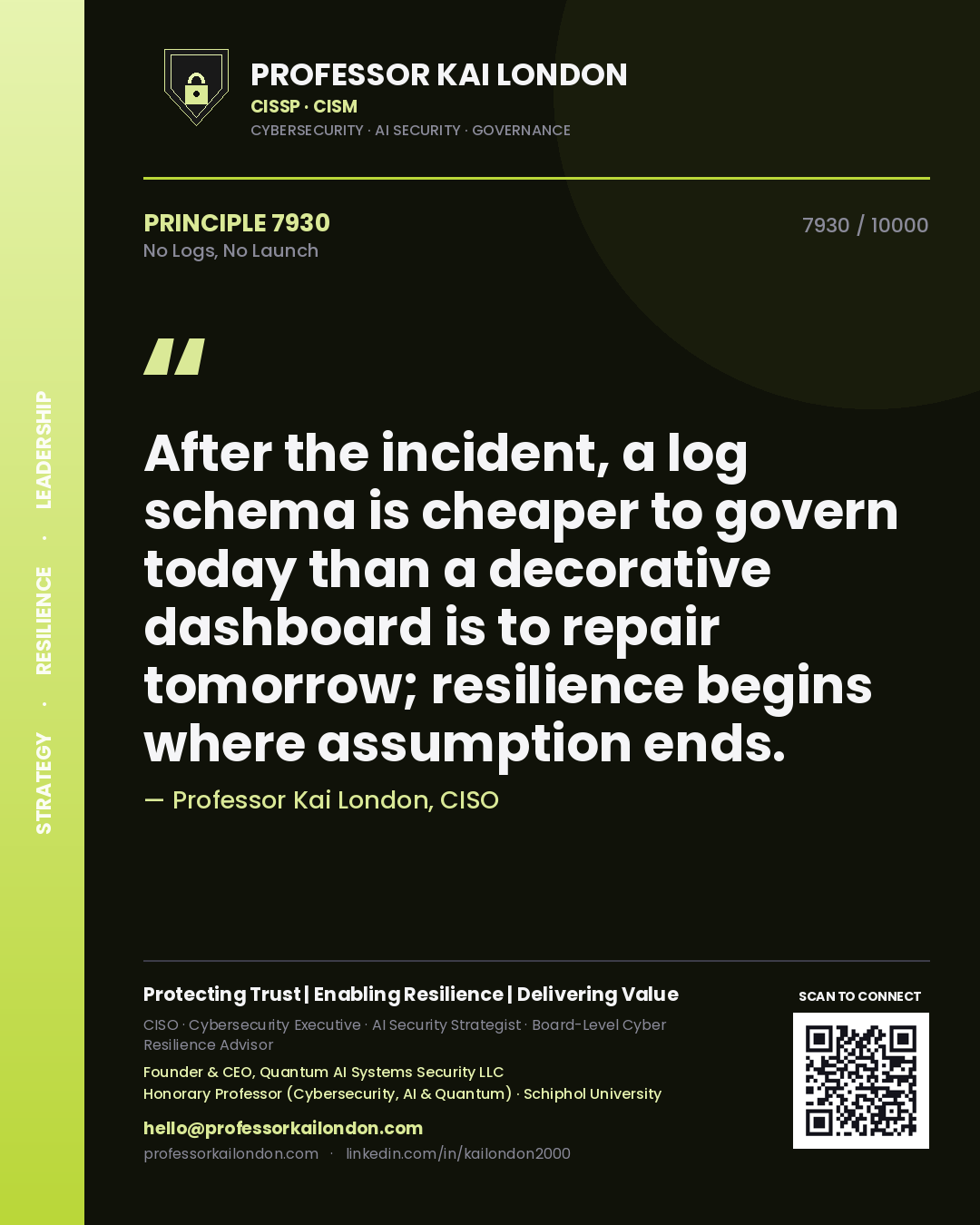 Professor Kai London principle 7930: After the incident, a log schema is cheaper to govern today than a decorative dashboard is to repair tomorrow; resilience begins where assumption ends.