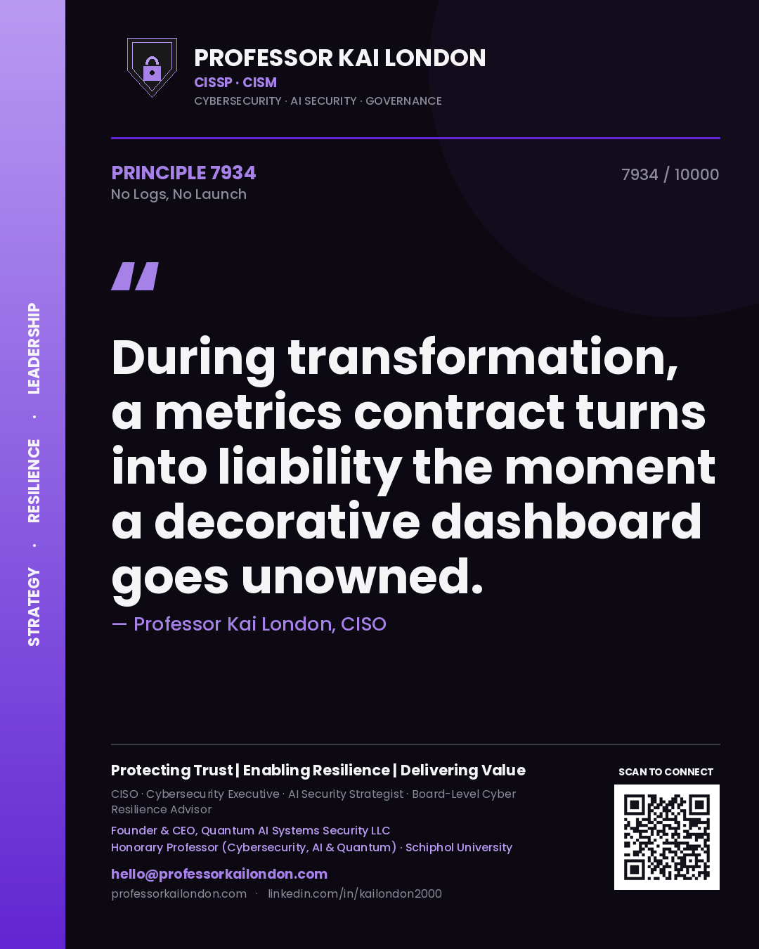 Quote card by Professor Kai London reading 'During transformation, a metrics contract turns into liability the moment a decorative dashboard goes unowned.'. From the book No Logs, No Launch.