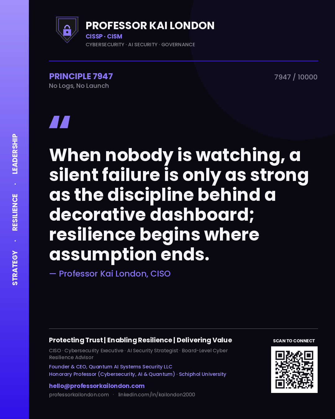Quote card by Professor Kai London reading 'When nobody is watching, a silent failure is only as strong as the discipline behind a decorative dashboard; resilience begins where assumption ends.'. From the book No Logs, No Launch.