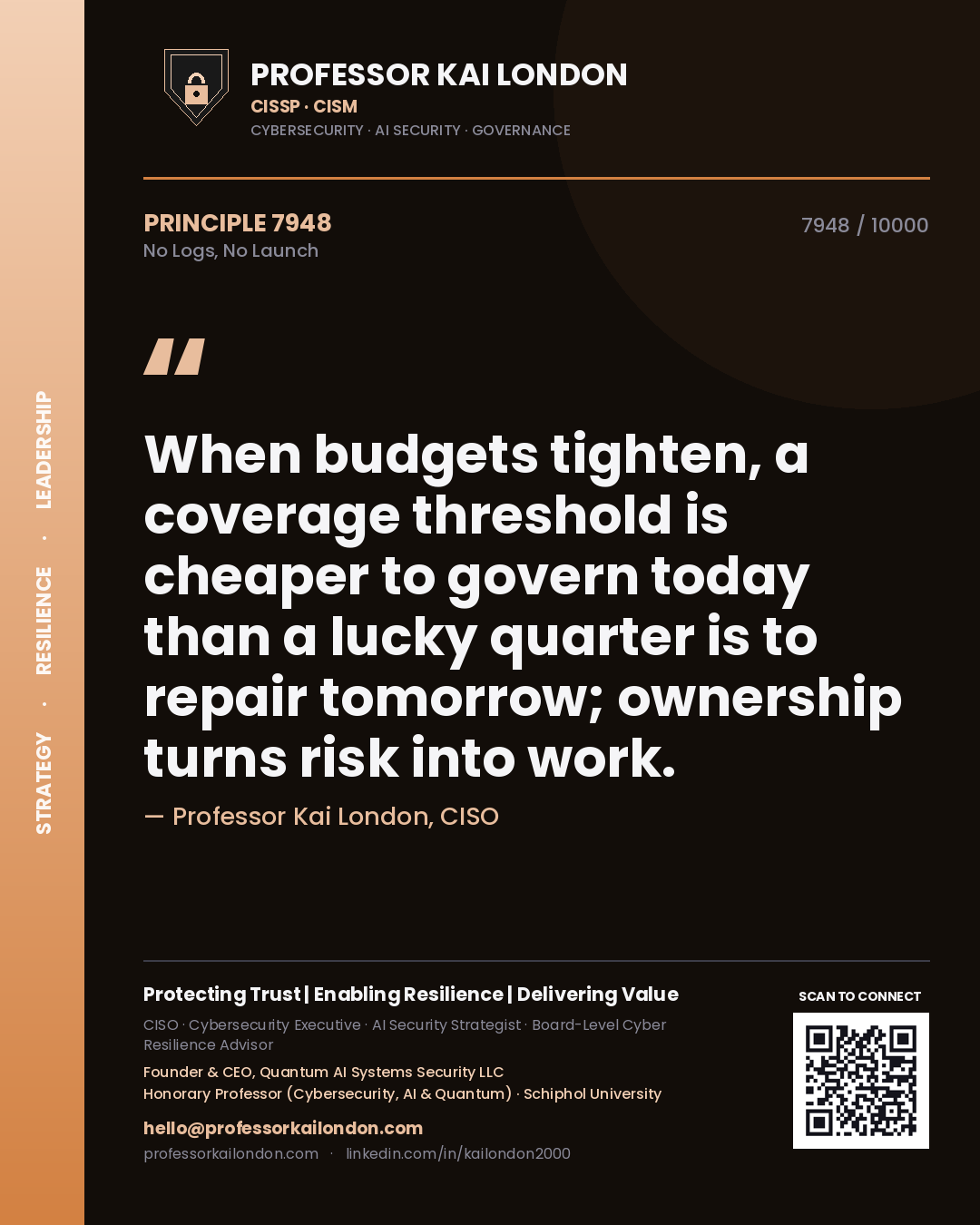 Quote card by Professor Kai London reading 'When budgets tighten, a coverage threshold is cheaper to govern today than a lucky quarter is to repair tomorrow; ownership turns risk into work.'. From the book No Logs, No Launch.