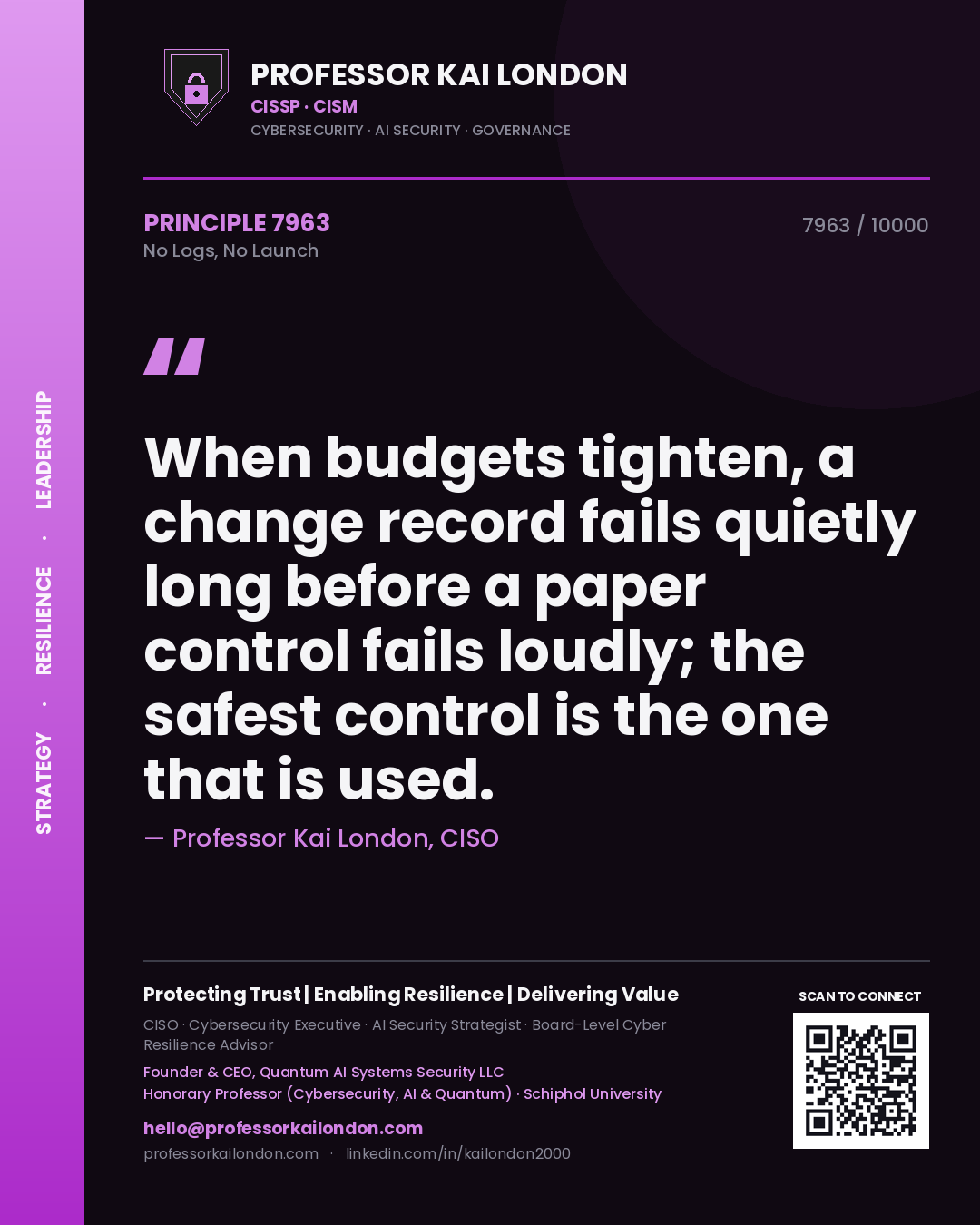 Professor Kai London principle 7963: When budgets tighten, a change record fails quietly long before a paper control fails loudly; the safest control is the one that is used.
