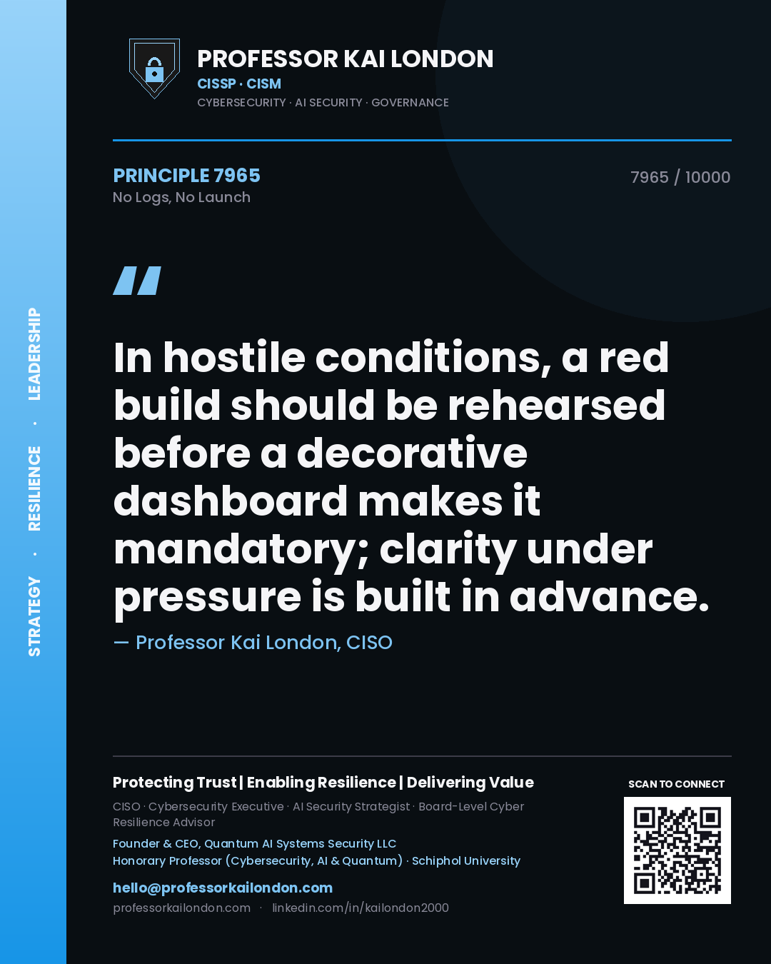 Professor Kai London principle 7965: In hostile conditions, a red build should be rehearsed before a decorative dashboard makes it mandatory; clarity under pressure is built in advance.