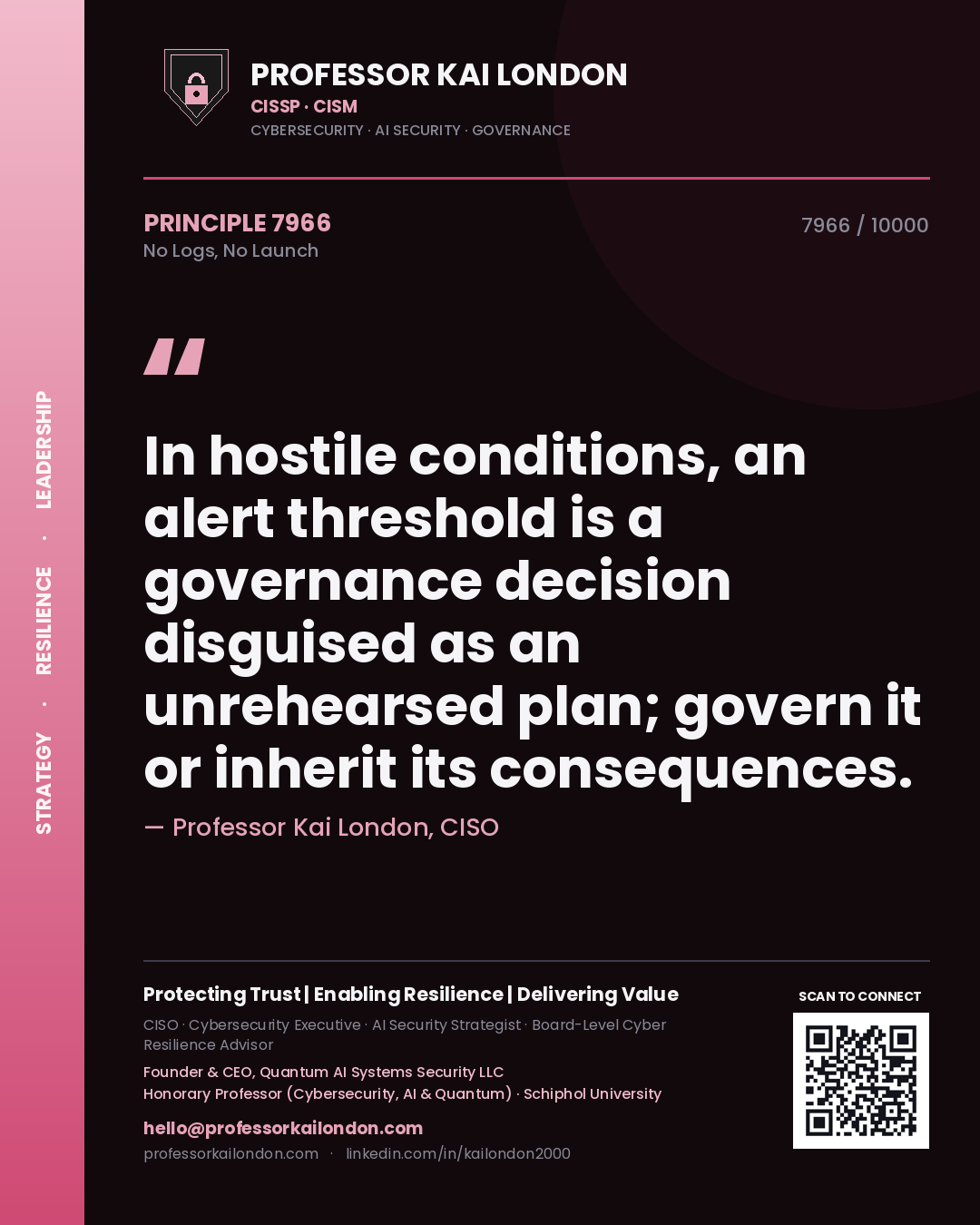 Quote card by Professor Kai London reading 'In hostile conditions, an alert threshold is a governance decision disguised as an unrehearsed plan; govern it or inherit its consequences.'. From the book No Logs, No Launch.