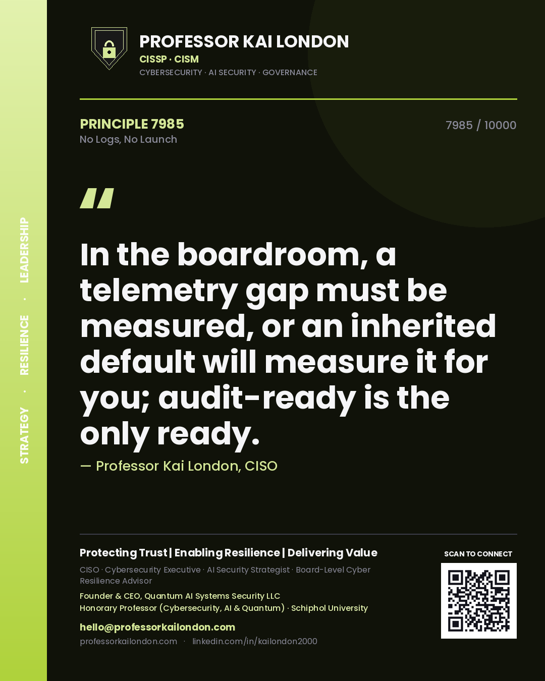 Professor Kai London principle 7985: In the boardroom, a telemetry gap must be measured, or an inherited default will measure it for you; audit-ready is the only ready.