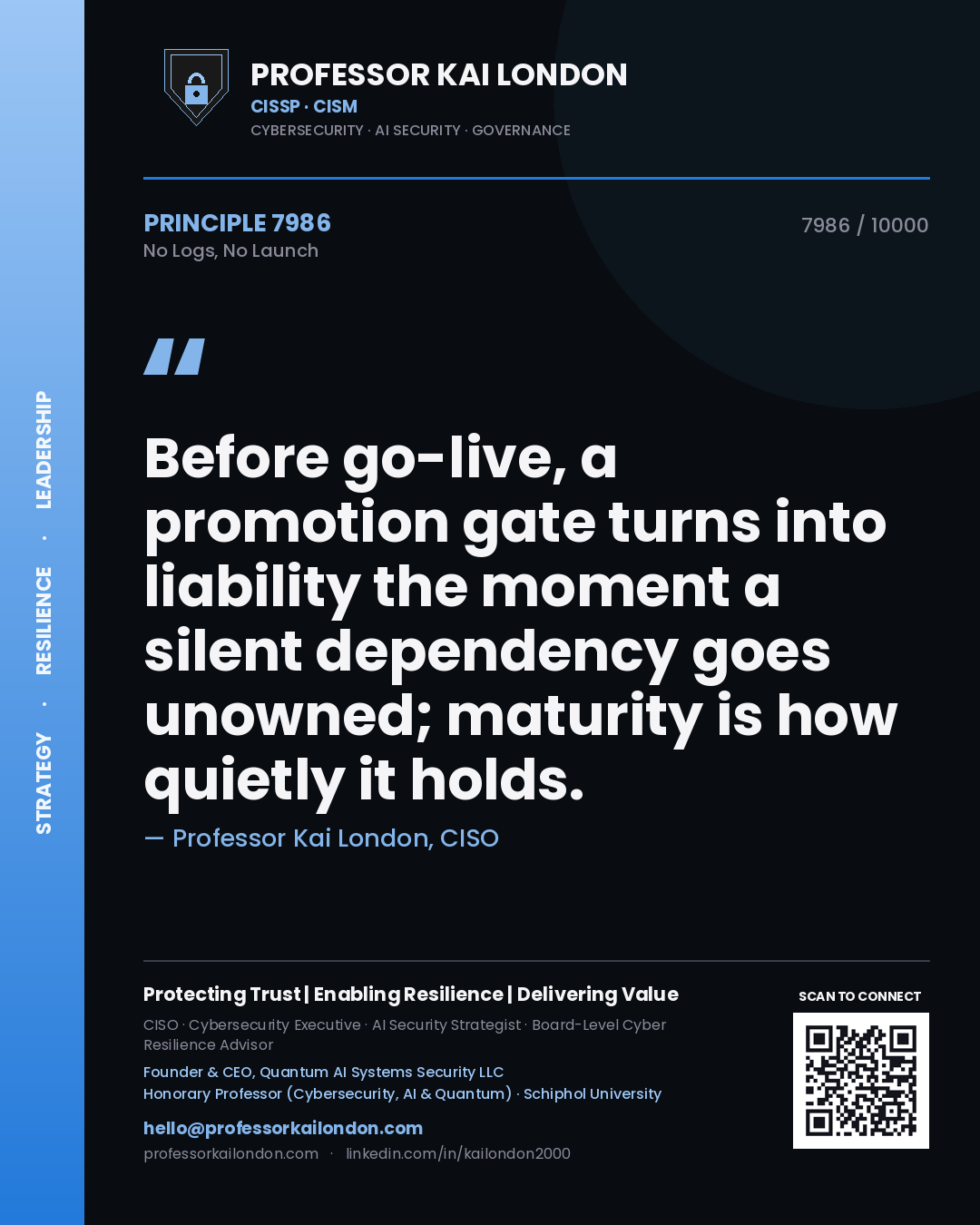 Professor Kai London principle 7986: Before go-live, a promotion gate turns into liability the moment a silent dependency goes unowned; maturity is how quietly it holds.