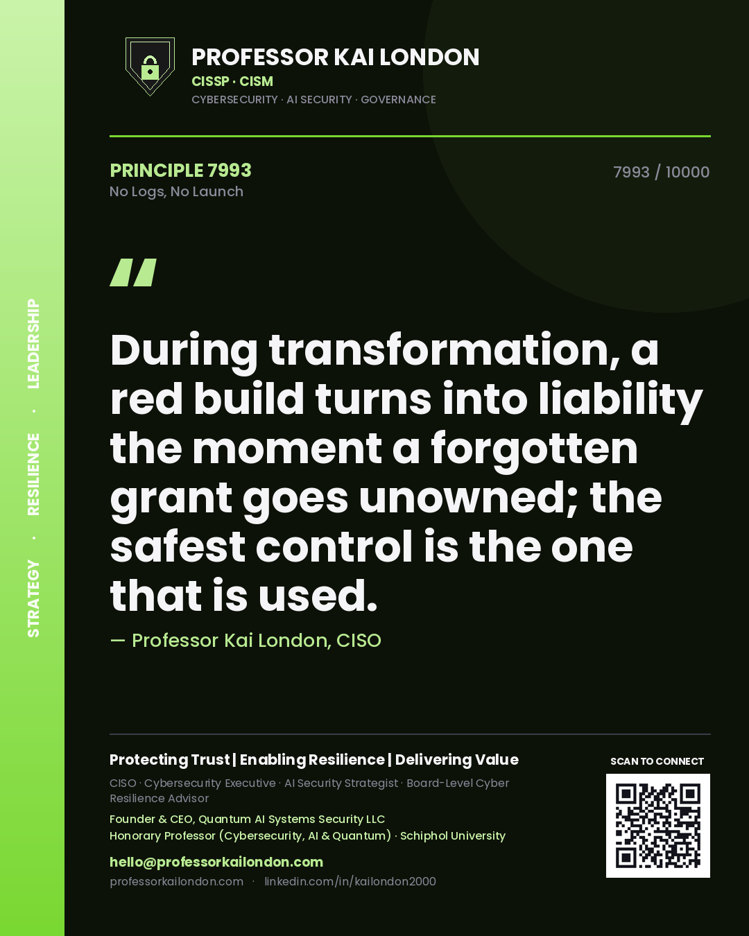 Quote card by Professor Kai London reading 'During transformation, a red build turns into liability the moment a forgotten grant goes unowned; the safest control is the one that is used.'. From the book No Logs, No Launch.