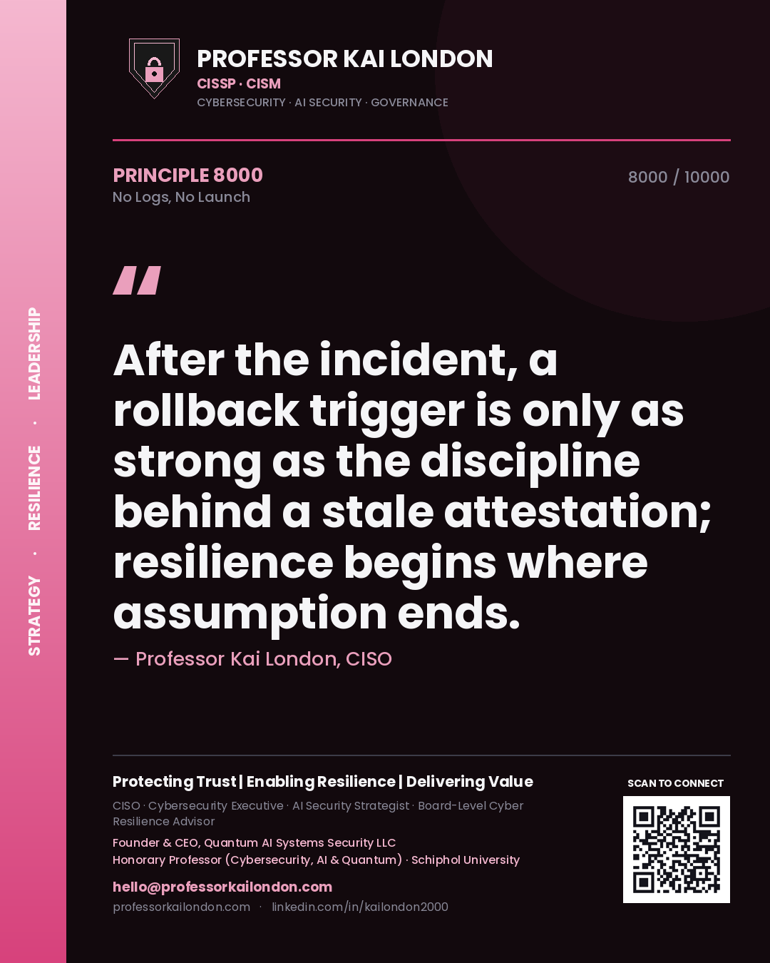 Professor Kai London principle 8000: After the incident, a rollback trigger is only as strong as the discipline behind a stale attestation; resilience begins where assumption ends.