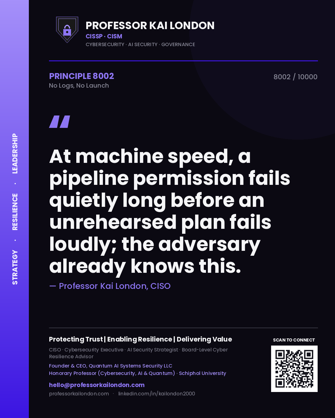 Quote card by Professor Kai London reading 'At machine speed, a pipeline permission fails quietly long before an unrehearsed plan fails loudly; the adversary already knows this.'. From the book No Logs, No Launch.