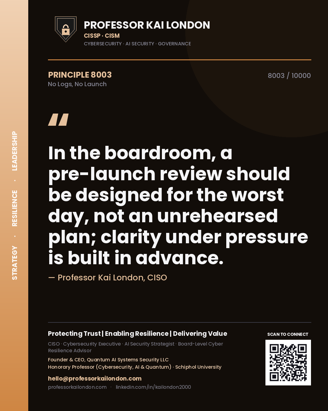 Professor Kai London principle 8003: In the boardroom, a pre-launch review should be designed for the worst day, not an unrehearsed plan; clarity under pressure is built in advance.