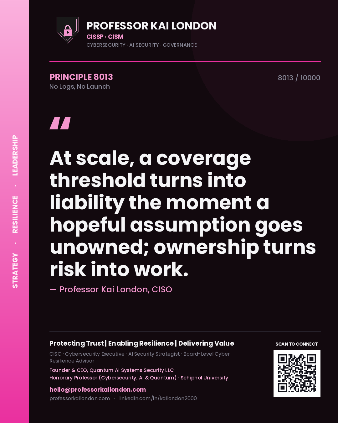 Professor Kai London principle 8013: At scale, a coverage threshold turns into liability the moment a hopeful assumption goes unowned; ownership turns risk into work.