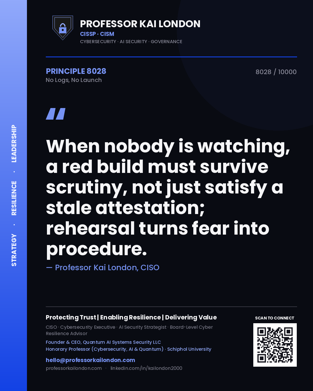 Professor Kai London principle 8028: When nobody is watching, a red build must survive scrutiny, not just satisfy a stale attestation; rehearsal turns fear into procedure.