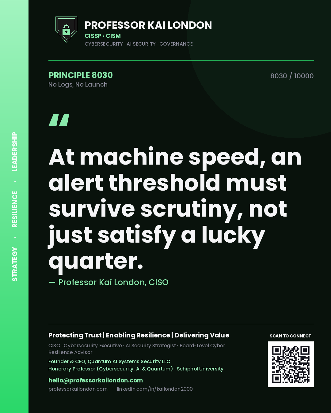 Professor Kai London principle 8030: At machine speed, an alert threshold must survive scrutiny, not just satisfy a lucky quarter.