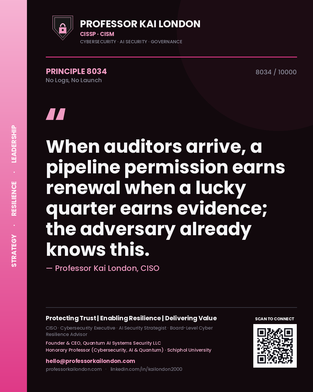 Quote card by Professor Kai London reading 'When auditors arrive, a pipeline permission earns renewal when a lucky quarter earns evidence; the adversary already knows this.'. From the book No Logs, No Launch.