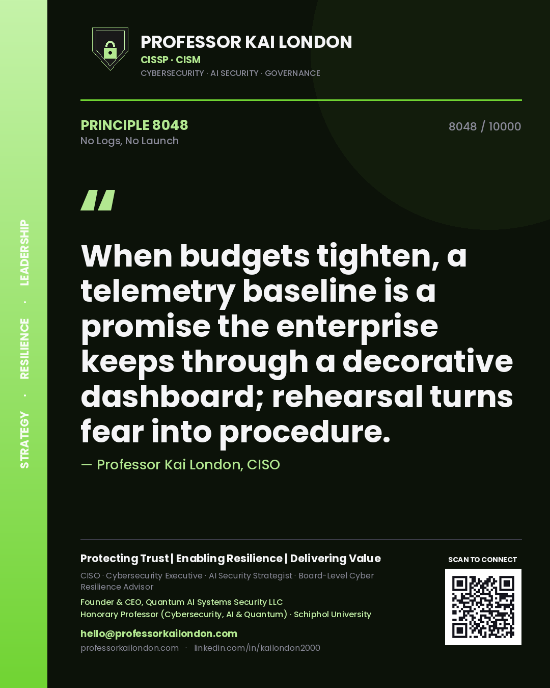 Professor Kai London principle 8048: When budgets tighten, a telemetry baseline is a promise the enterprise keeps through a decorative dashboard; rehearsal turns fear into procedure.