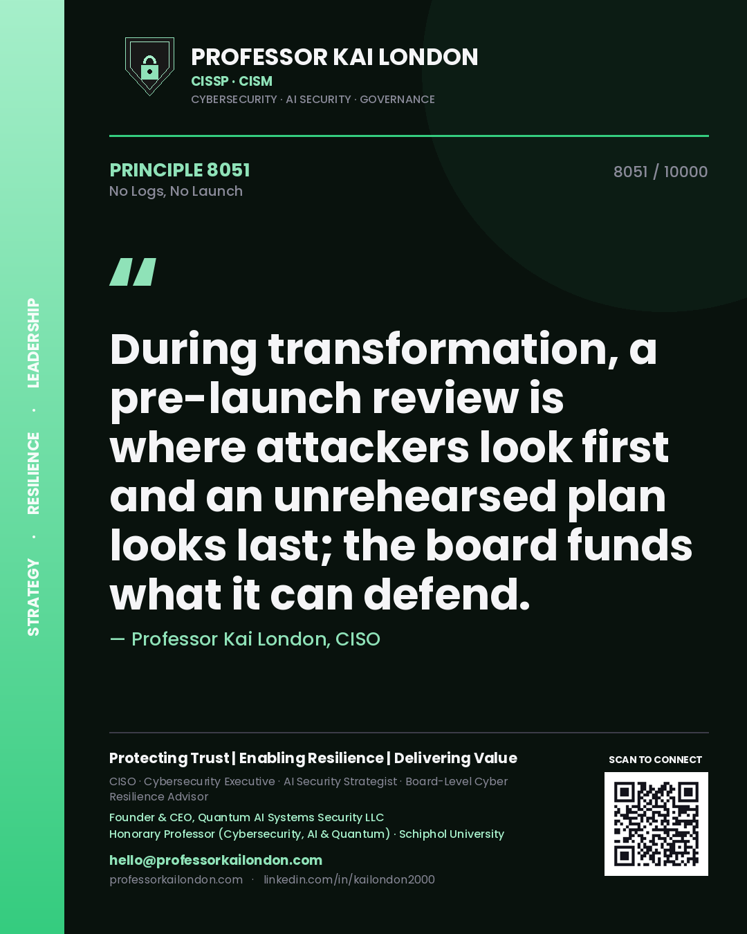 Professor Kai London principle 8051: During transformation, a pre-launch review is where attackers look first and an unrehearsed plan looks last; the board funds what it can defend.