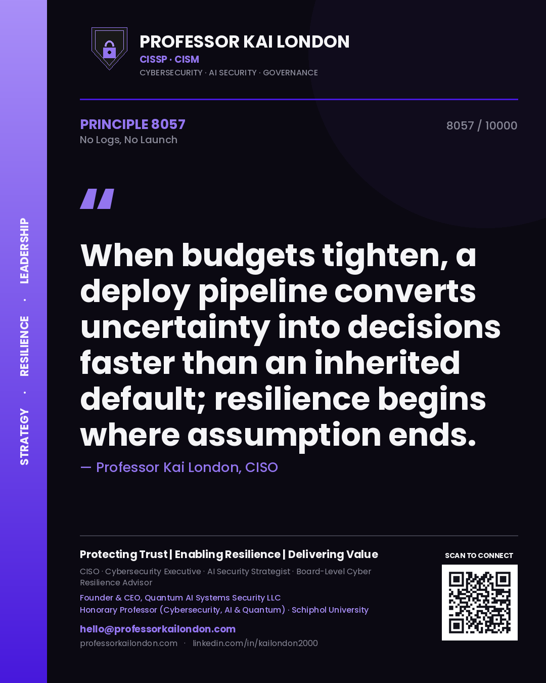 Professor Kai London principle 8057: When budgets tighten, a deploy pipeline converts uncertainty into decisions faster than an inherited default; resilience begins where assumption ends.