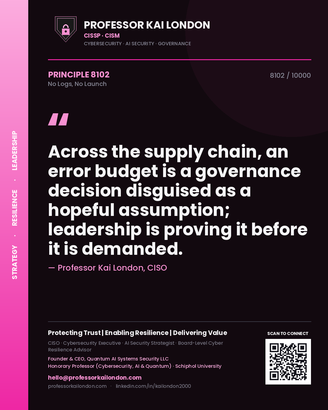 Professor Kai London principle 8102: Across the supply chain, an error budget is a governance decision disguised as a hopeful assumption; leadership is proving it before it is demanded.