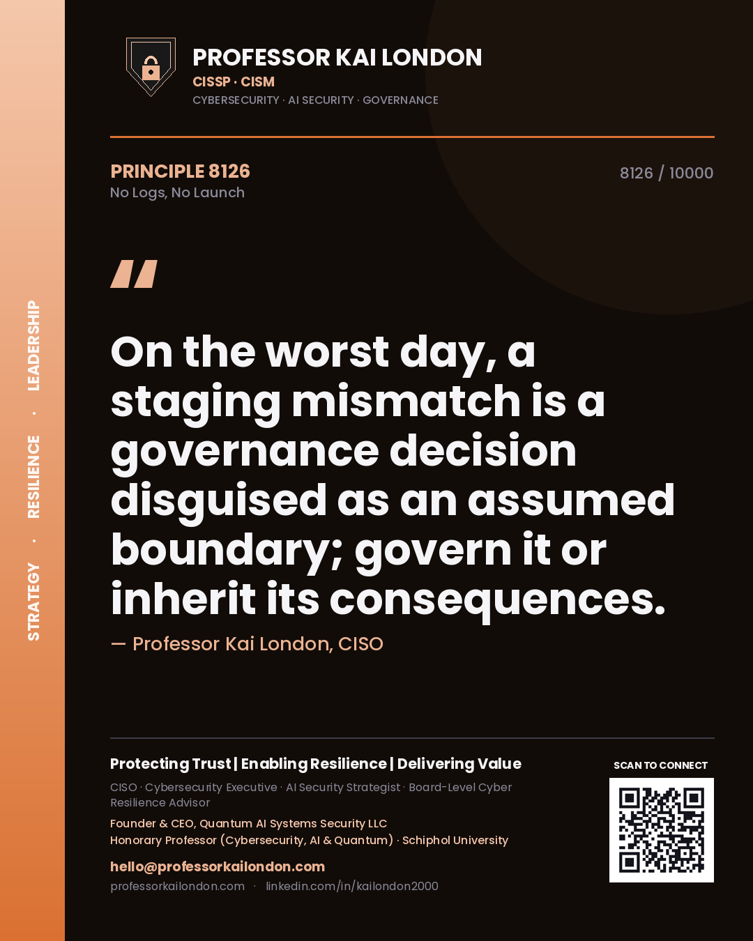 Quote card by Professor Kai London reading 'On the worst day, a staging mismatch is a governance decision disguised as an assumed boundary; govern it or inherit its consequences.'. From the book No Logs, No Launch.