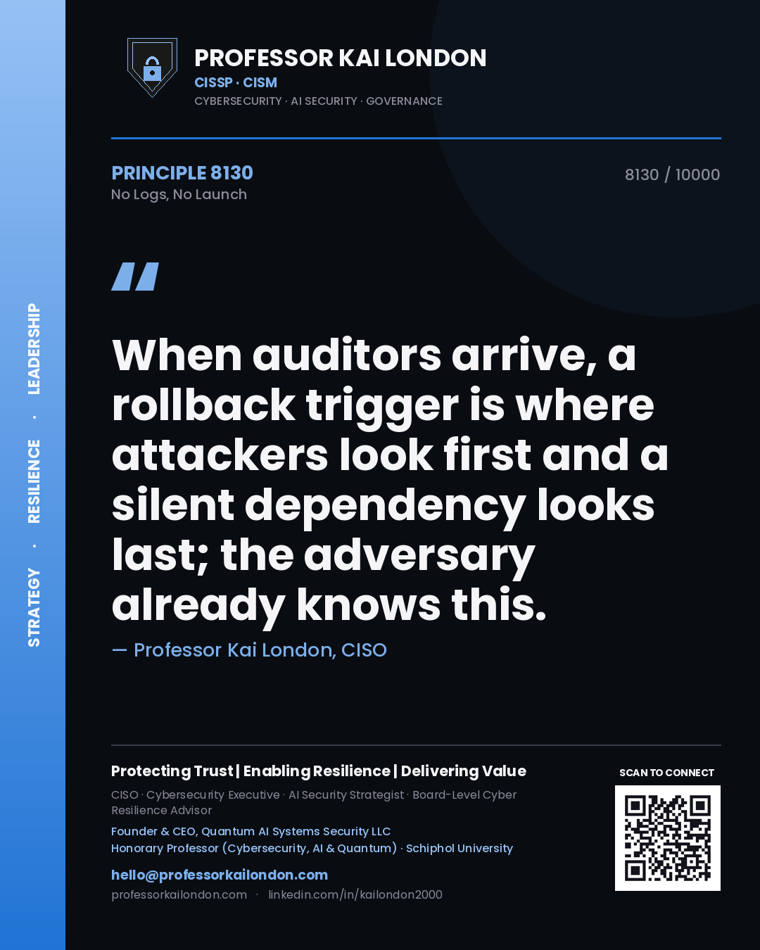 Professor Kai London principle 8130: When auditors arrive, a rollback trigger is where attackers look first and a silent dependency looks last; the adversary already knows this.