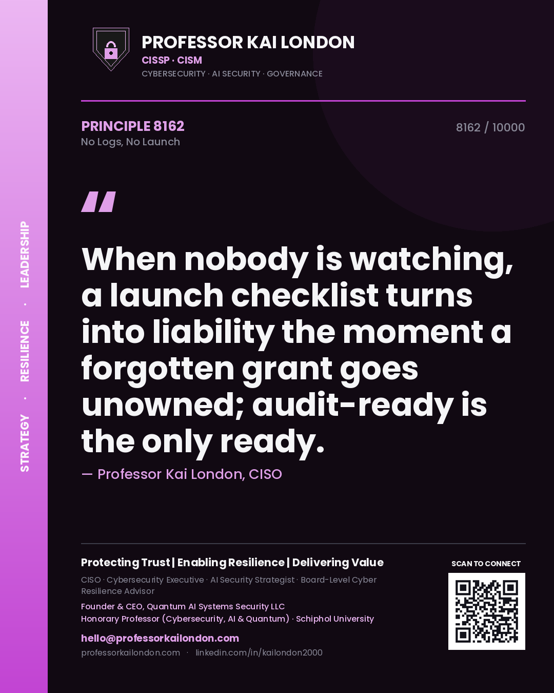 Professor Kai London principle 8162: When nobody is watching, a launch checklist turns into liability the moment a forgotten grant goes unowned; audit-ready is the only ready.