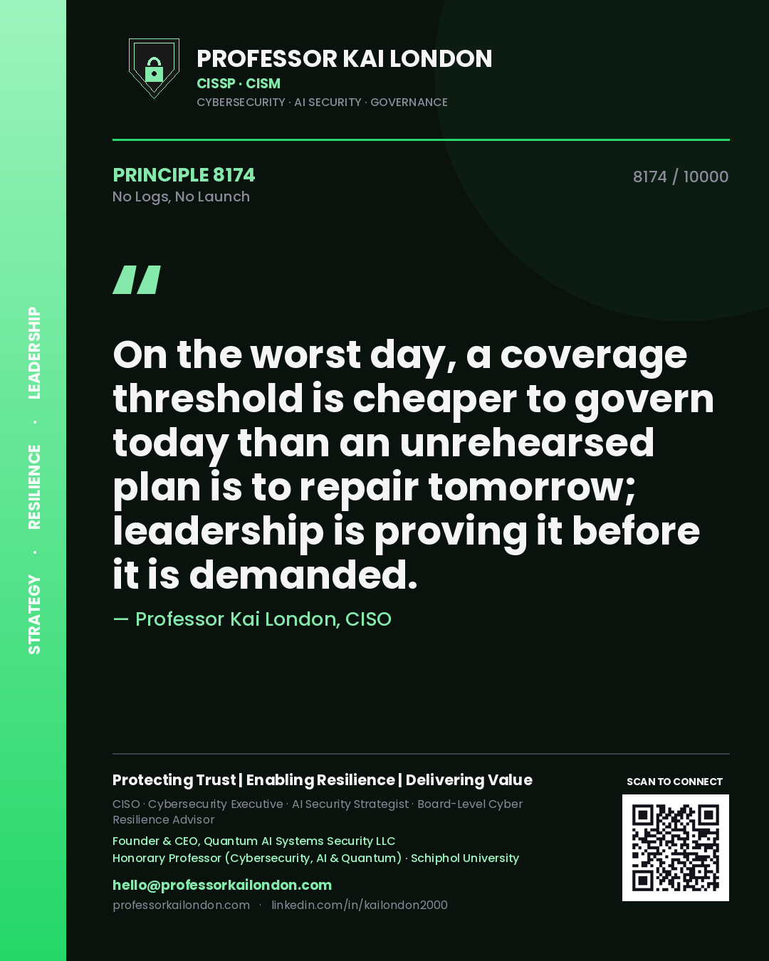 Professor Kai London principle 8174: On the worst day, a coverage threshold is cheaper to govern today than an unrehearsed plan is to repair tomorrow; leadership is proving it before it is demanded.
