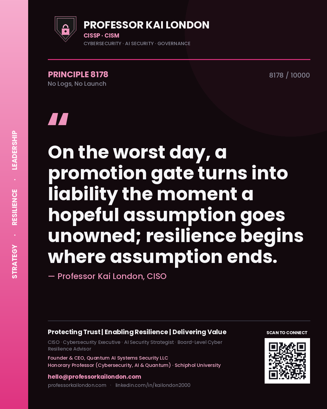 Quote card by Professor Kai London reading 'On the worst day, a promotion gate turns into liability the moment a hopeful assumption goes unowned; resilience begins where assumption ends.'. From the book No Logs, No Launch.