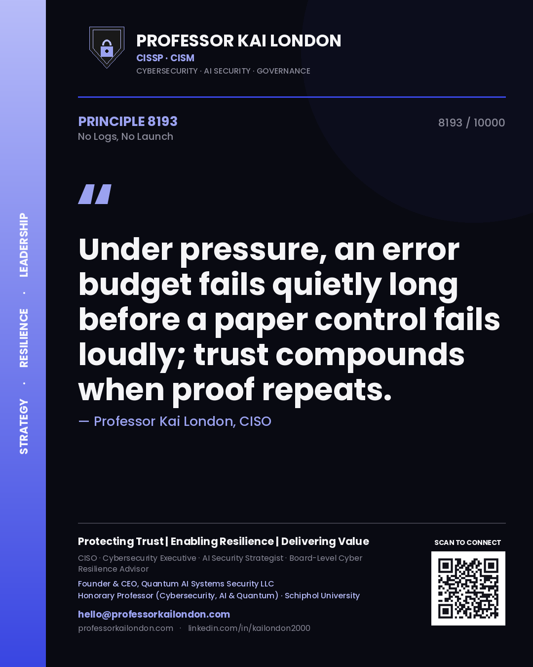 Professor Kai London principle 8193: Under pressure, an error budget fails quietly long before a paper control fails loudly; trust compounds when proof repeats.