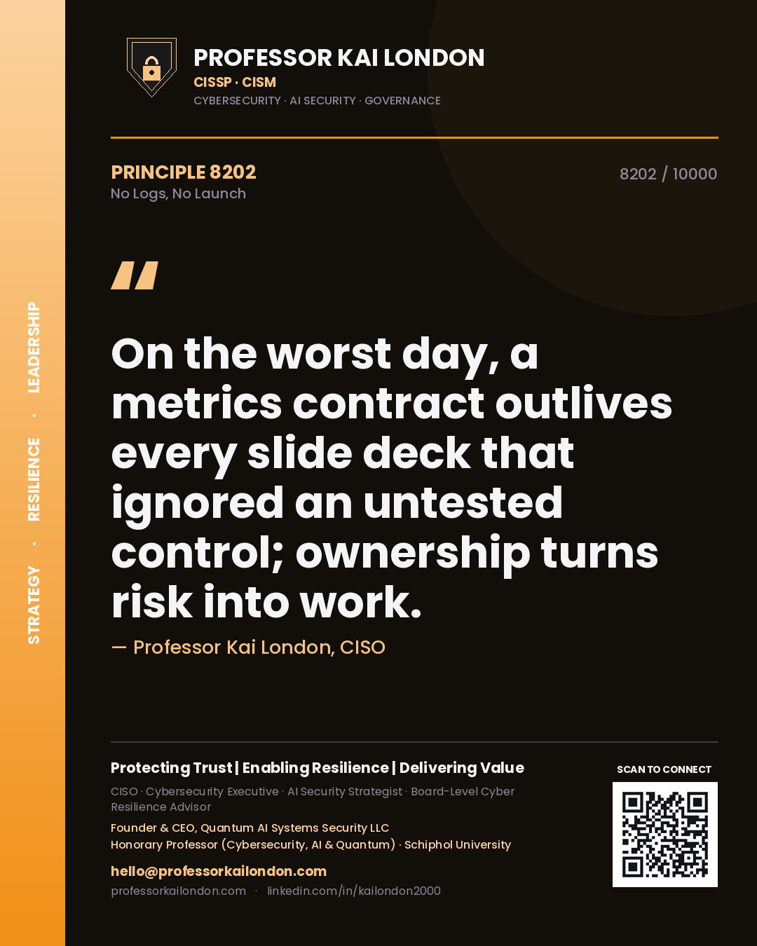 Quote card by Professor Kai London reading 'On the worst day, a metrics contract outlives every slide deck that ignored an untested control; ownership turns risk into work.'. From the book No Logs, No Launch.